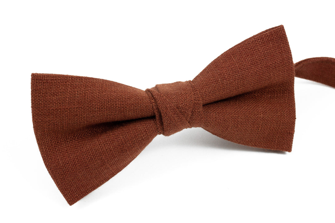 TERRACOTTA RUST color handmade linen bow ties for men and toddler baby boys available with matching pocket square or suspenders