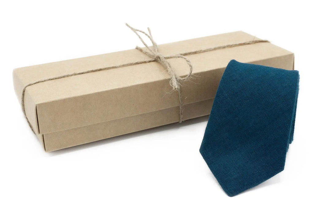 Ink Blue color pre-tied ties for man made from eco-friendly linen / Teal Blue Birthday gift for father or boyfriend