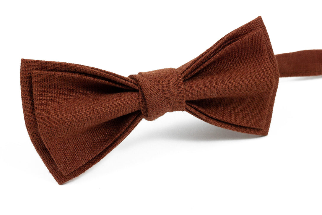 Rust color pre-tied bow ties for men made from eco-friendly linen