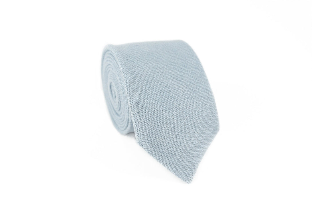 Dusty blue linen wedding necktie for groomsmen gift - matching pocket square