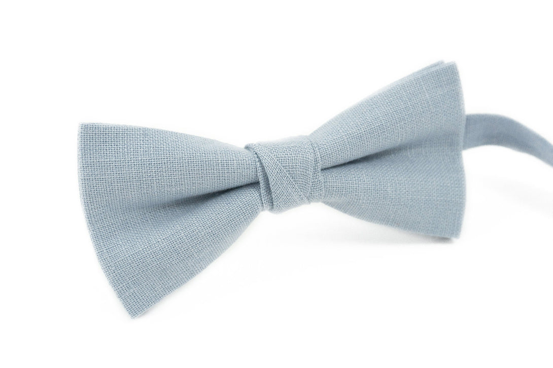 Dusty blue linen mens wedding bow ties for groomsmen gift