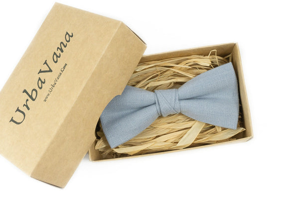 Dusty blue linen mens wedding bow ties for groomsmen gift