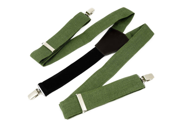 Olive green color adjustable Y-back linen wedding suspenders for groomsmen and groom