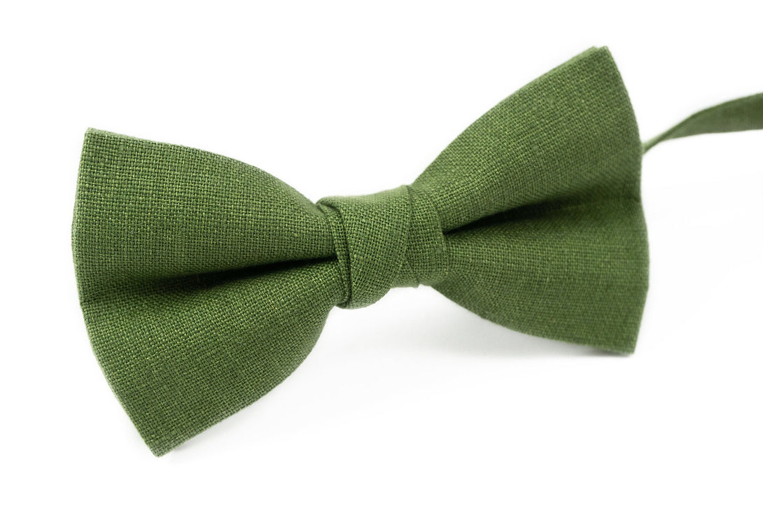 Olive green linen wedding bow tie for groomsmen gift - olive green pre-tied bow ties for men and baby toddler boys