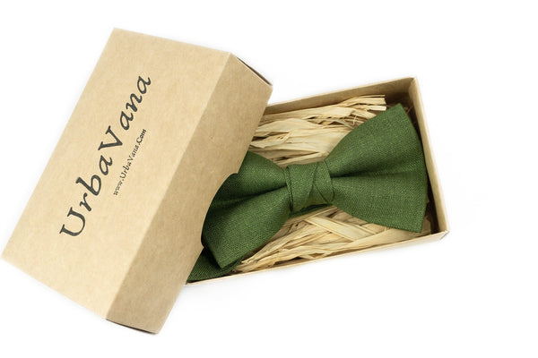 Olive green linen wedding bow tie for groomsmen gift - olive green pre-tied bow ties for men and baby toddler boys