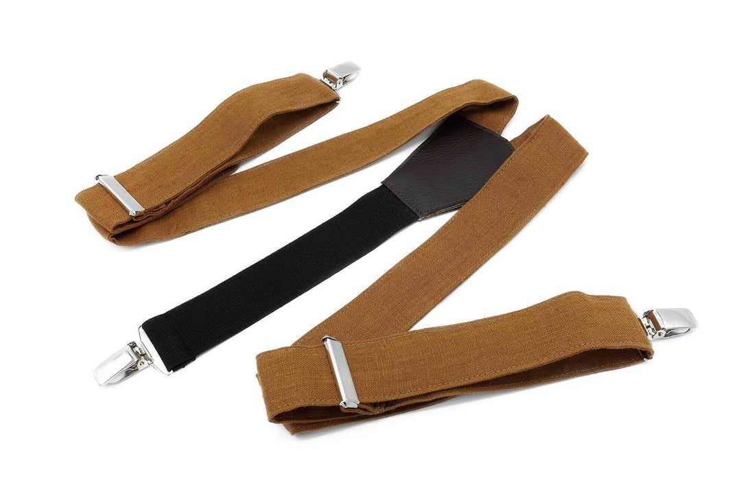 Cinnamon color Y-back wedding suspenders for groomsmen and groom, Cinnamon Color linen braces for men and boys