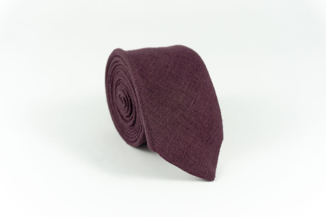 Eggplant color linen pocket square or handkerchief for men available with matching purple bow tie or slim necktie