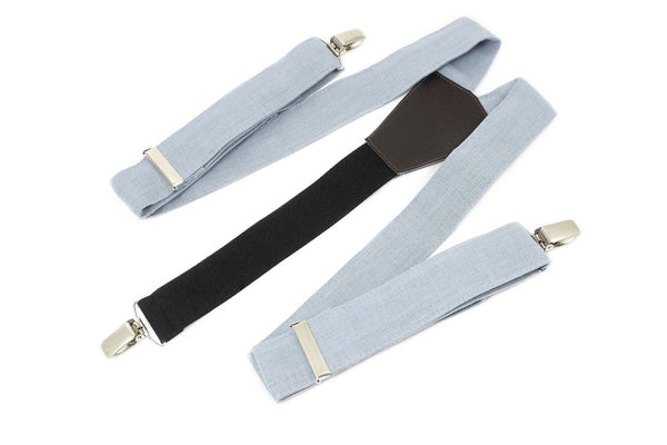 Dusty blue color linen wedding suspenders for groomsmen and groom