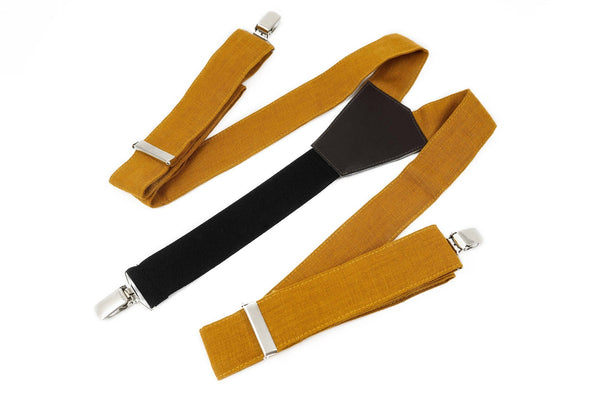 Mustard color linen wedding suspenders for groomsmen and groom