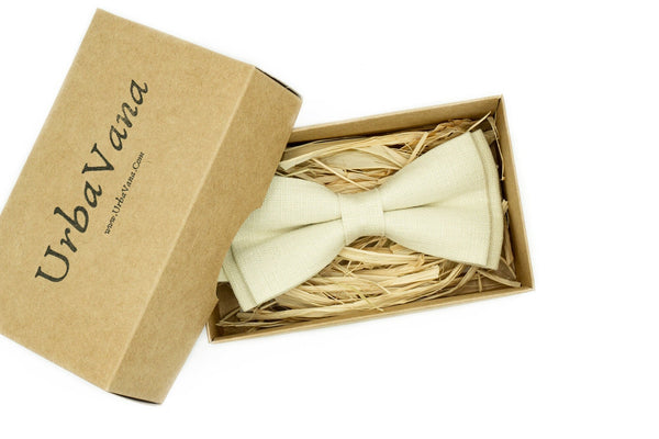 Beige classic pre-tied wedding bow ties made from eco-friendly linen