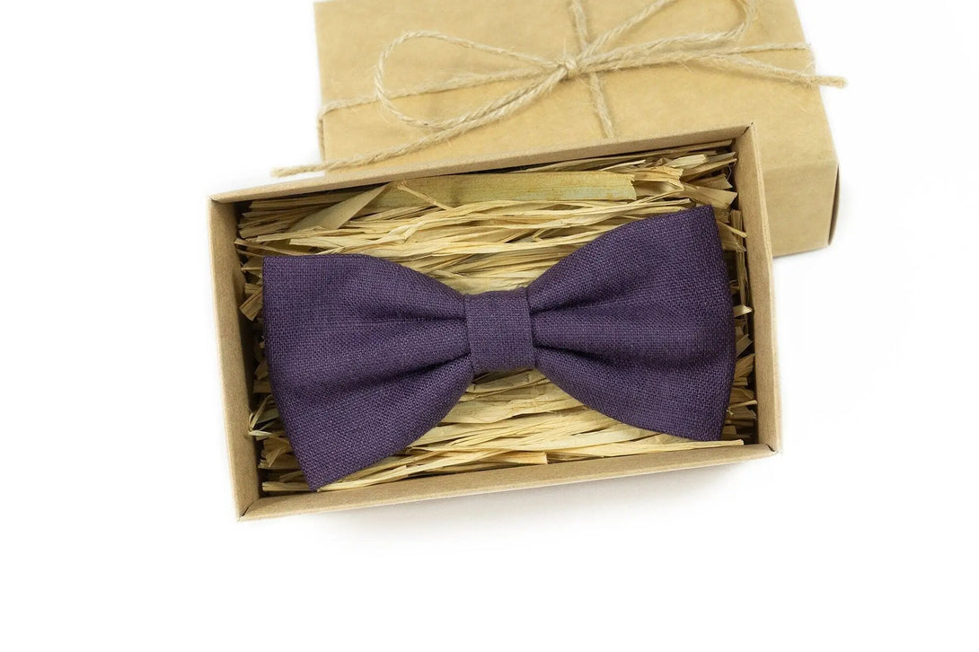 Dark purple linen butterfly bow ties for men / Wedding bow tie and necktie for groomsmen