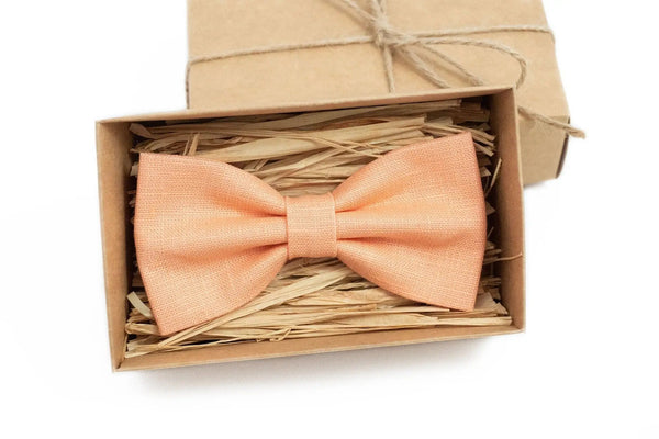 Peach color linen pre-tied groomsmen and groom bow ties / Butterfly bow ties for men and baby boys