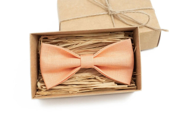 Peach color pre-tied linen bow ties for men and toddler boys / Handmade anniversary gift for husband or boyfriend