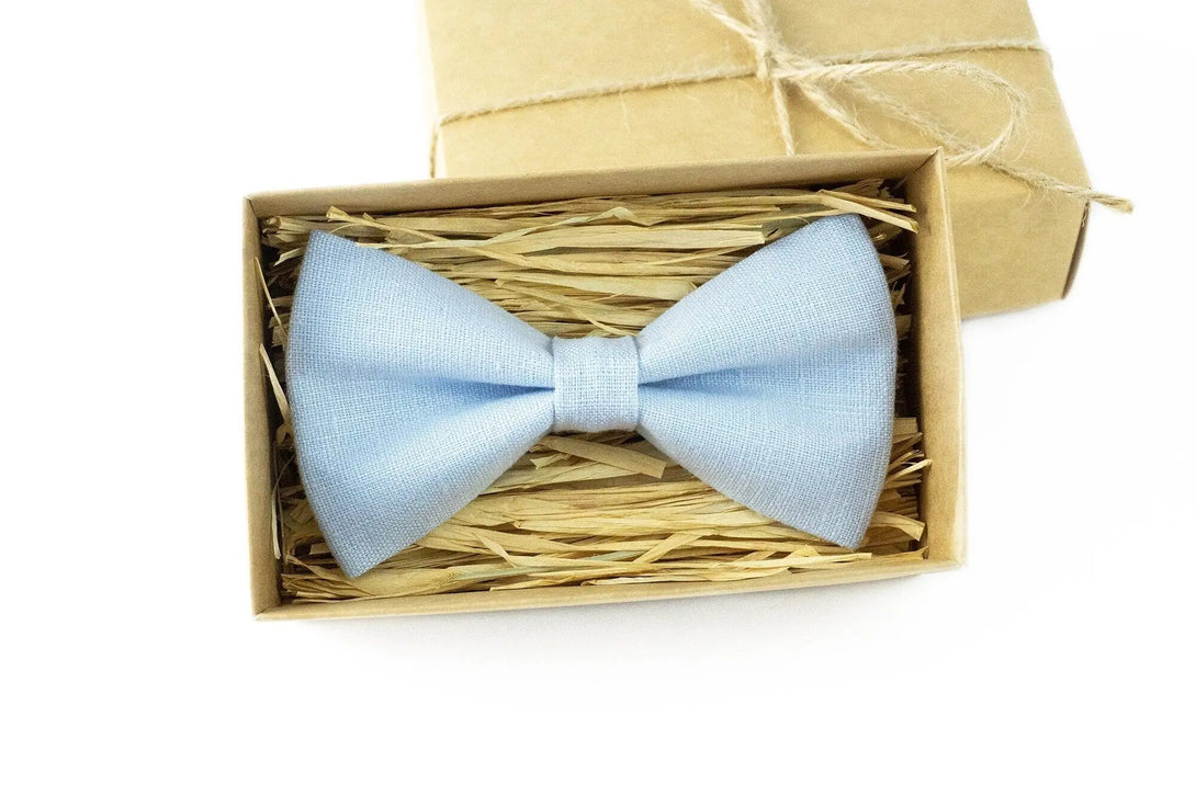 Ice blue linen pre-tied groomsman and ring bearer bow ties for wedding gift / Anniversary gift for husband