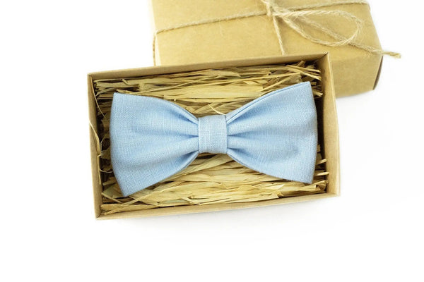 Ice blue linen pre-tied bow ties for man and baby boys / Wedding bow ties and skinny or slim neckties available with matching pocket square