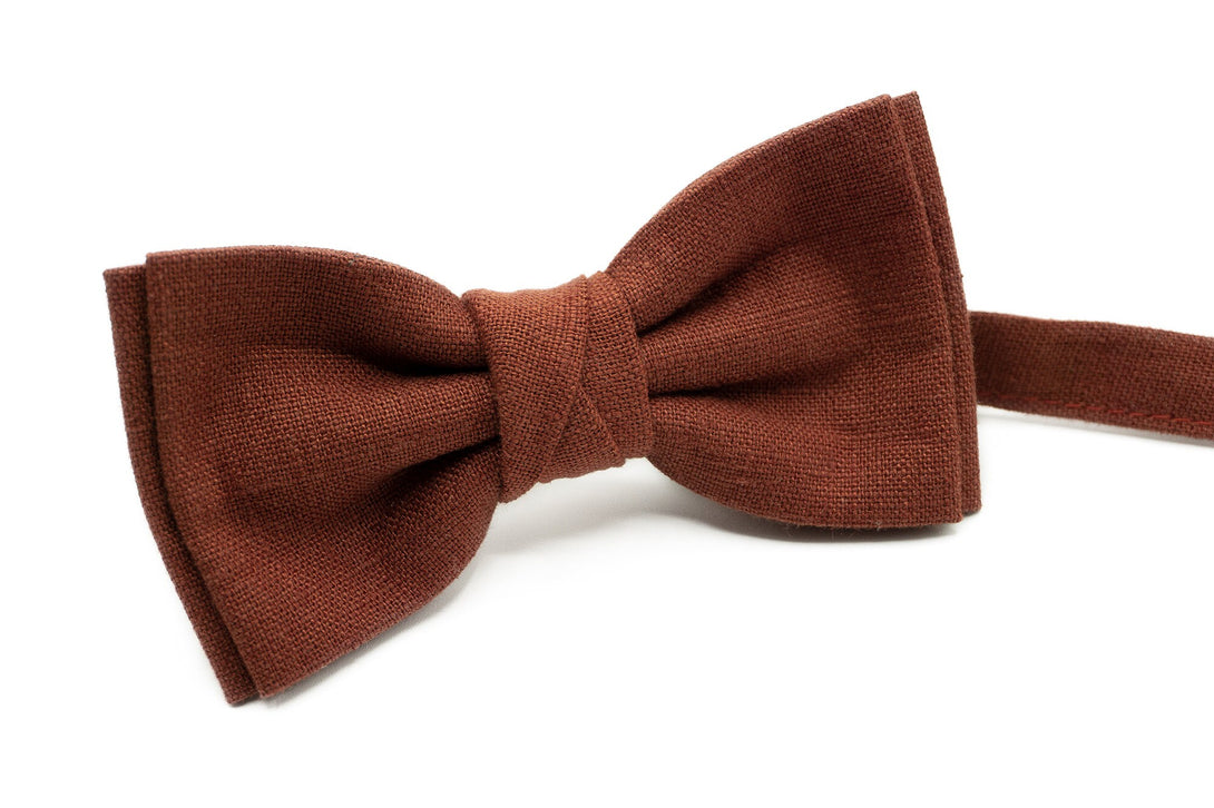 Rust color linen Butterfly bow tie available with matching pocket square / Rust Terracotta color wedding necktie for groomsmen proposal gift