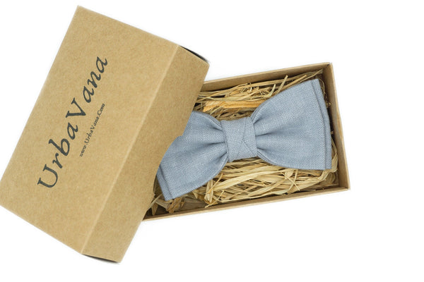 Dusty Blue color linen Butterfly bow tie available with matching pocket square / Dusty Blue wedding necktie for groomsmen proposal gift