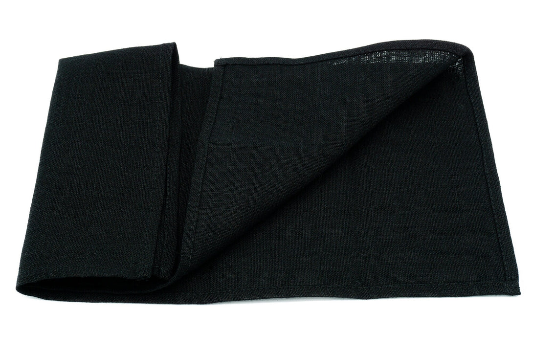 Black color linen pocket square or handkerchief for men available with matching bow tie or necktie - formal black skinny necktie