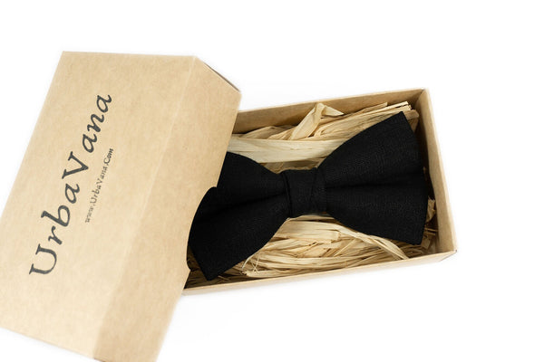 Black pre-tied bow ties for weddings - linen groomsmen bow ties