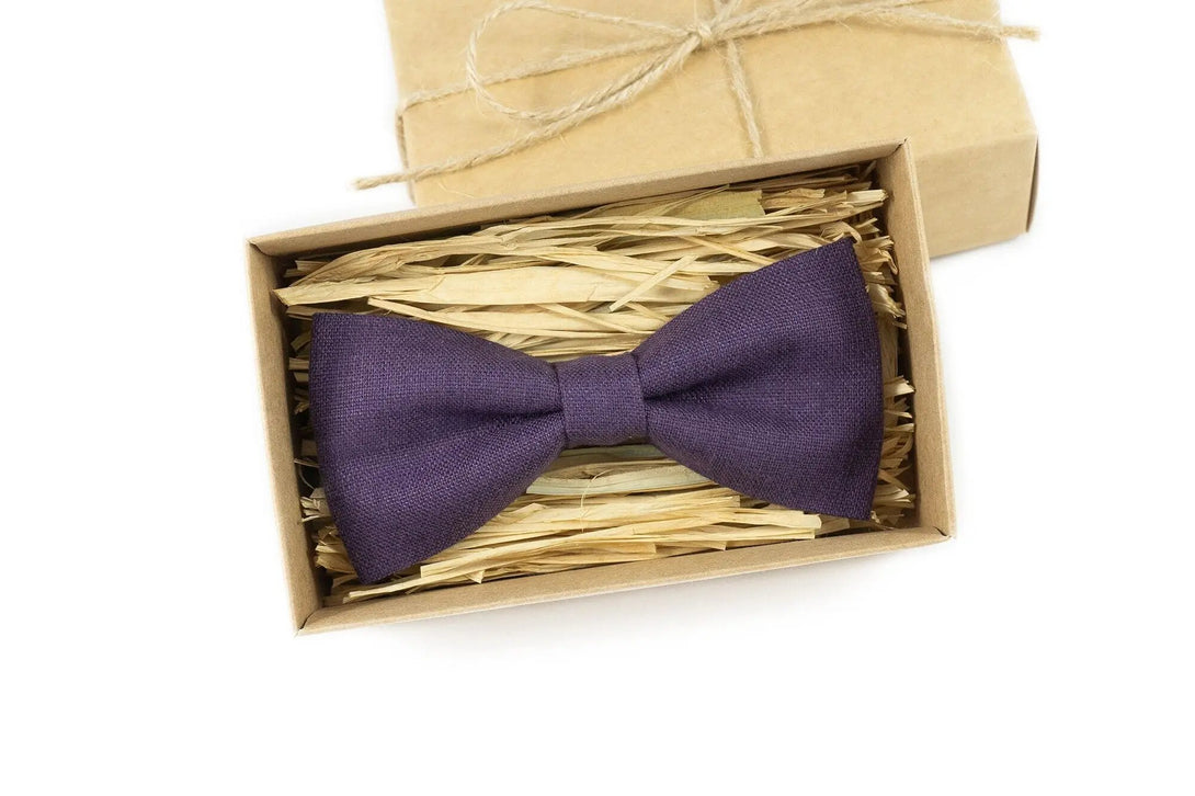 Dark purple pre-tied groomsmen tie for weddings / Daddy and son linen bow ties for fathers day gift