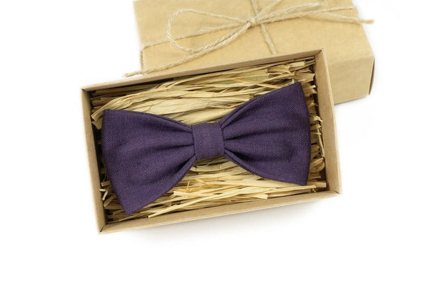 Dark purple linen pre-tied wedding bow tie for groomsmen proposal gift / Gift for men