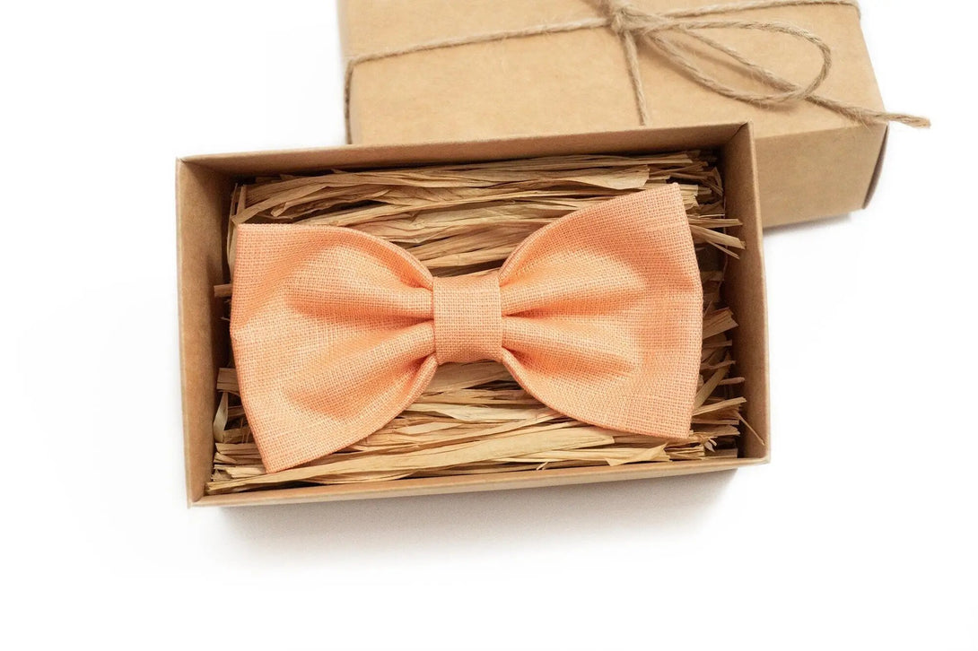 Peach color pre-tied butterfly wedding bow tie and linen skinny or slim neckties for groomsmen and groom