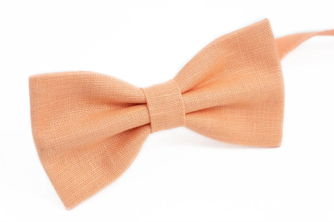 Peach color linen pre-tied groomsmen and groom bow ties / Butterfly bow ties for men and baby boys