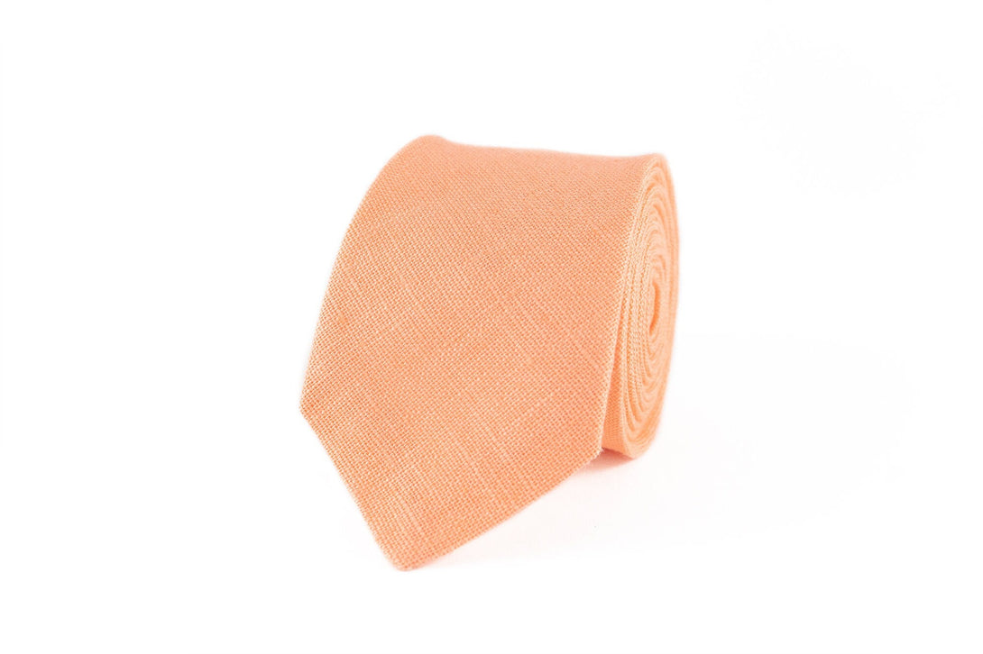 Peach color pre-tied linen men's bow ties available with matching handkerchief / Wedding necktie for groomsmen