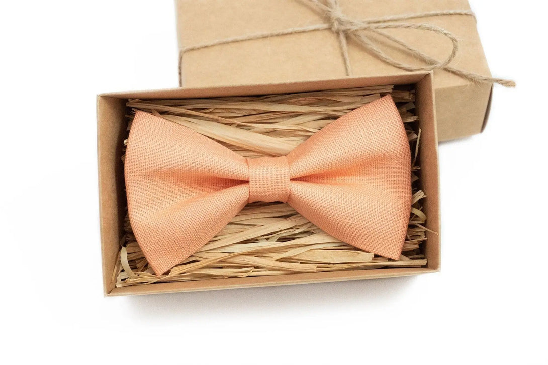 Peach color pre-tied linen men's bow ties available with matching handkerchief / Wedding necktie for groomsmen