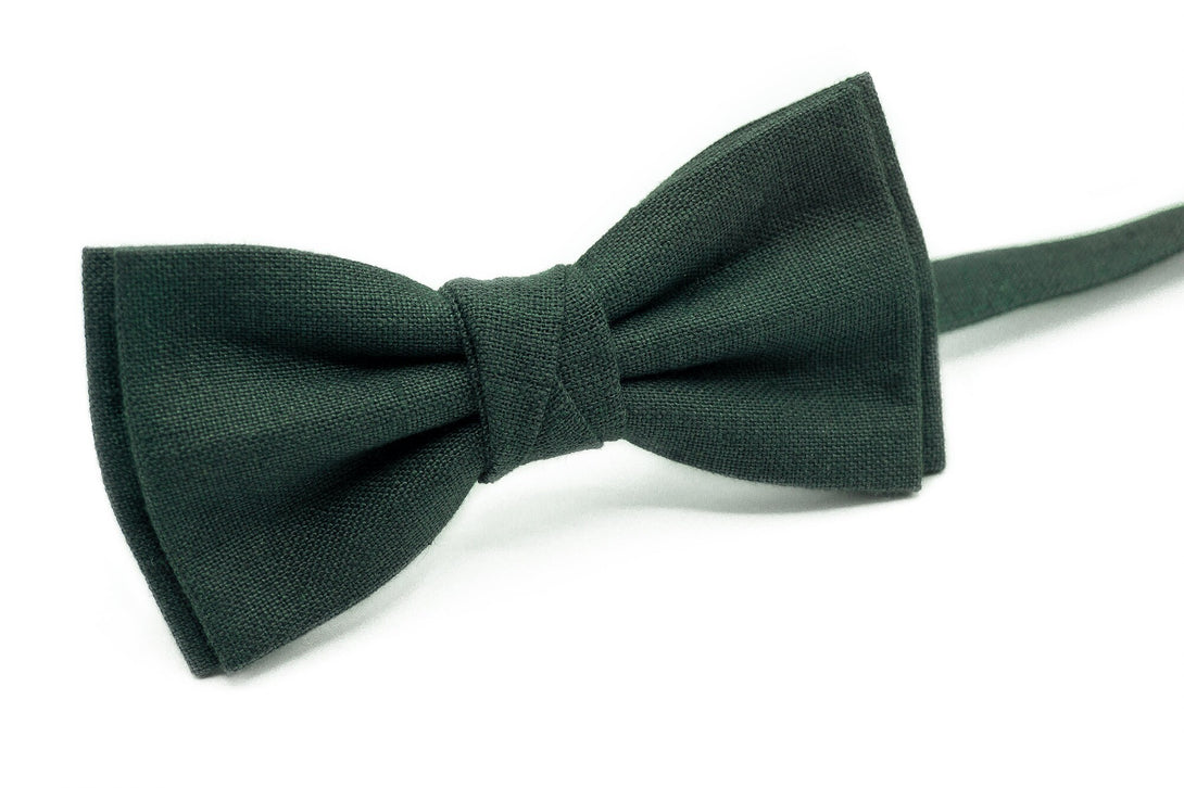 Smoke Pine color Men's linen bow ties for wedding available with matching pocket square / Solid Forest green necktie for groomsmen gift