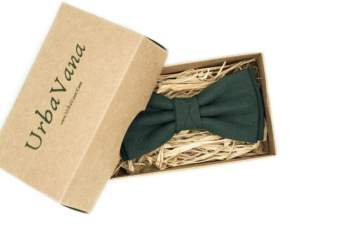 Smoke Pine color Men's linen bow ties for wedding available with matching pocket square / Solid Forest green necktie for groomsmen gift