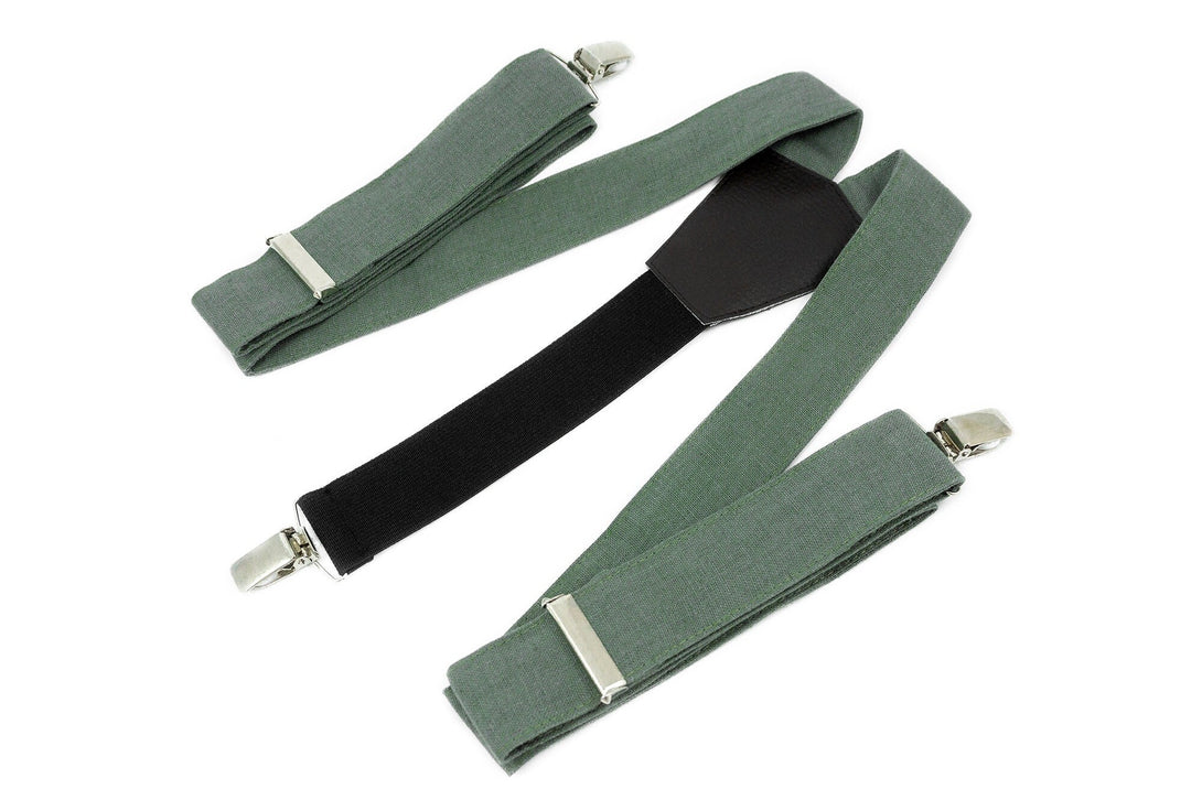 Dark Dusty Sage green color adjustable Y-back linen wedding suspenders