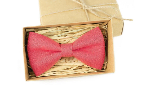 Coral color pre-tied groomsmen bow ties for wedding / Linen wedding gift ideas for ring bearer boys