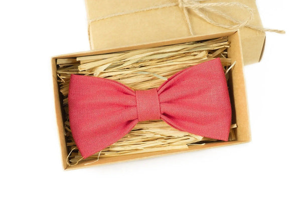 Coral color butterfly bow ties for men and kids available with matching linen pocket square / Coral neckties for men