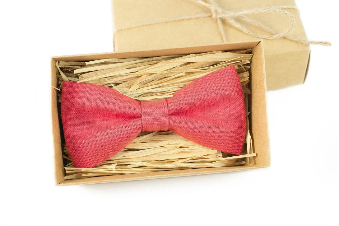 Coral color classic linen mens bow ties for wedding / Anniversary gift for men or daddy and son bow ties for fathers day gift