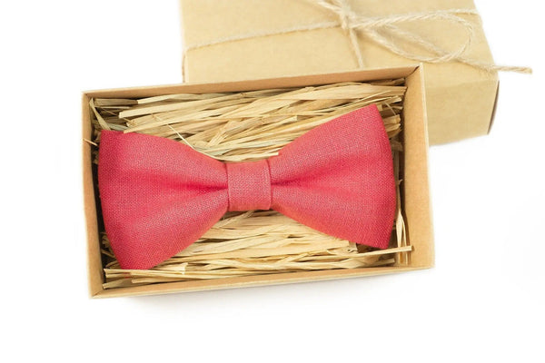 Coral color classic linen mens bow ties for wedding / Anniversary gift for men or daddy and son bow ties for fathers day gift