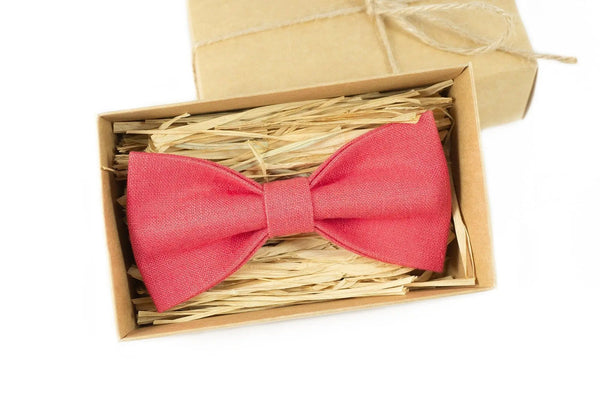 Coral color pre-tied best men ties for wedding / Linen bow ties for future husband gift from bride