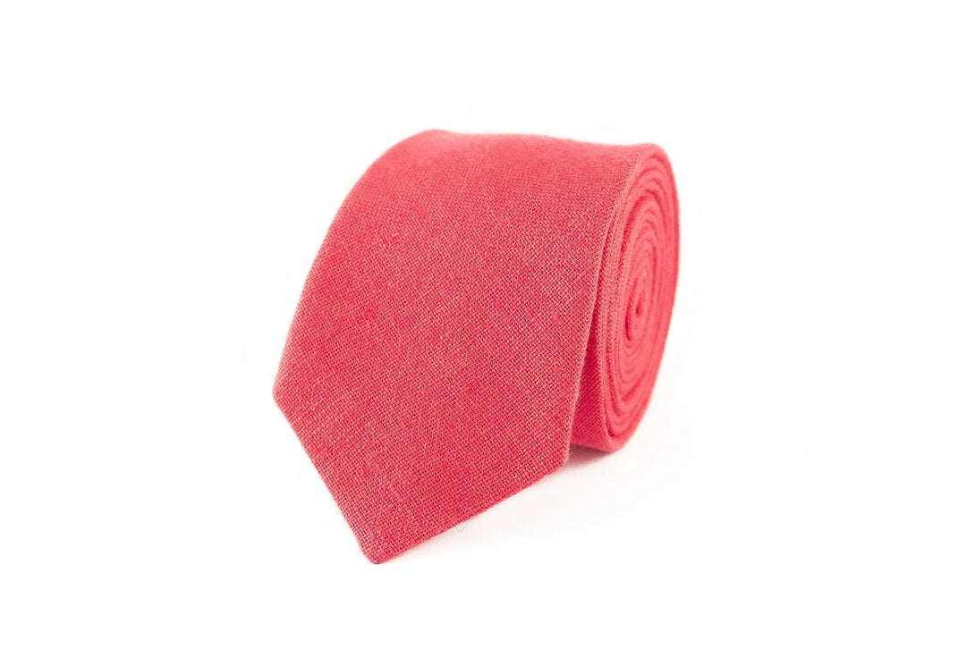 Coral color linen pocket square / handkerchief available with men's skinny or slim necktie / Groomsmen ties for weddings