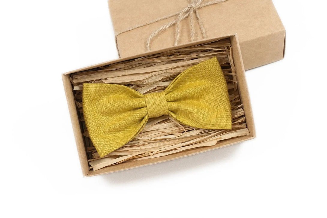 Yellow Mustard linen wedding bow tie for groomsmen and groom / Wedding necktie for usher