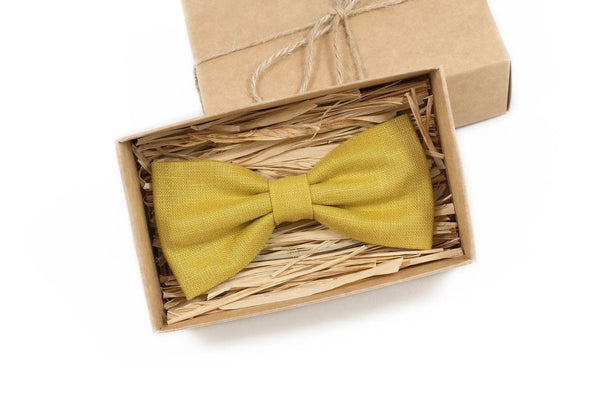 Yellow Mustard linen bow tie for wedding / Handmade bow tie or necktie as gift for men