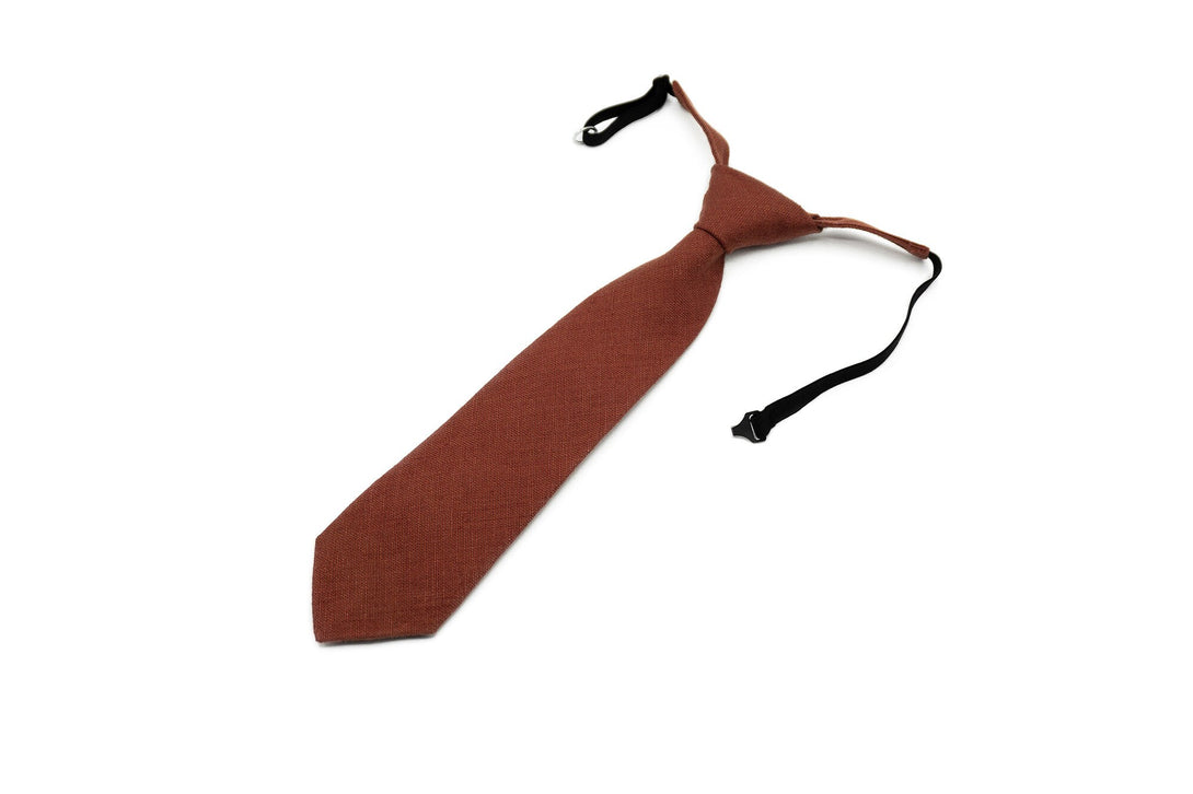 Rust Color Pre - Tied men's linen necktie for weddings available with matching pocket square / Pre - Tied Boy's Terracotta Rust necktie