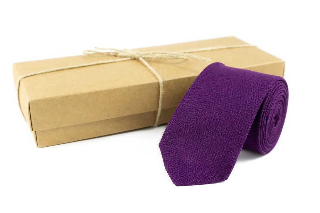 Purple color pre-tied linen wedding bow ties for groomsmen proposal gift / Anniversary gift for men