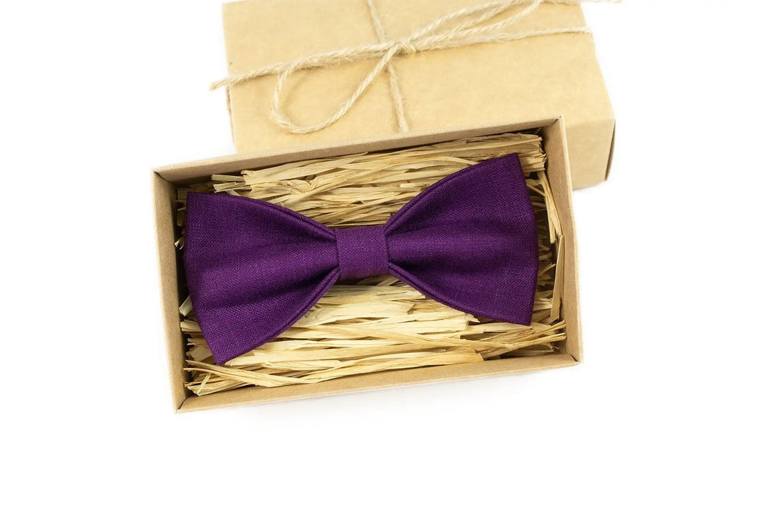 Purple color pre-tied linen wedding bow ties for groomsmen proposal gift / Anniversary gift for men