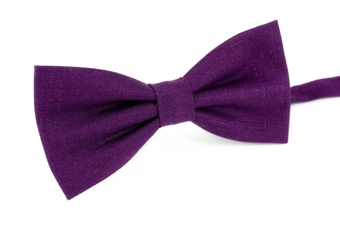 Purple color pre-tied bow ties for men and baby toddler boys available with matching linen pocket square / Gift for men