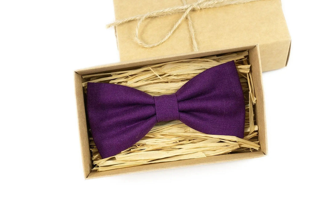 Purple color pre-tied bow ties for men and baby toddler boys available with matching linen pocket square / Gift for men