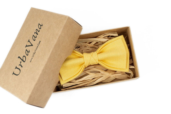 Light yellow linen pre-tied bow ties for men and baby boys - light yellow color handmade skinny slim an standard neckties for groomsmen gift