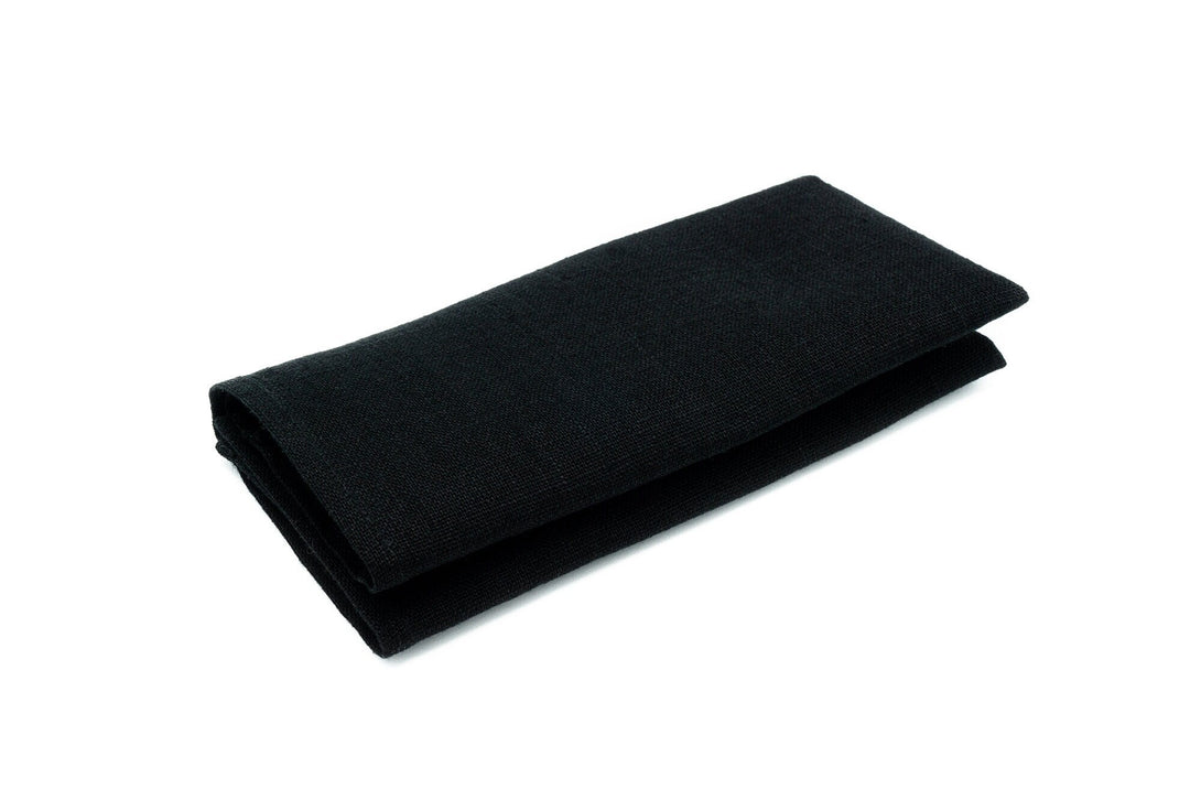 Black color linen pocket square or handkerchief for men available with matching bow tie or necktie - formal black skinny necktie