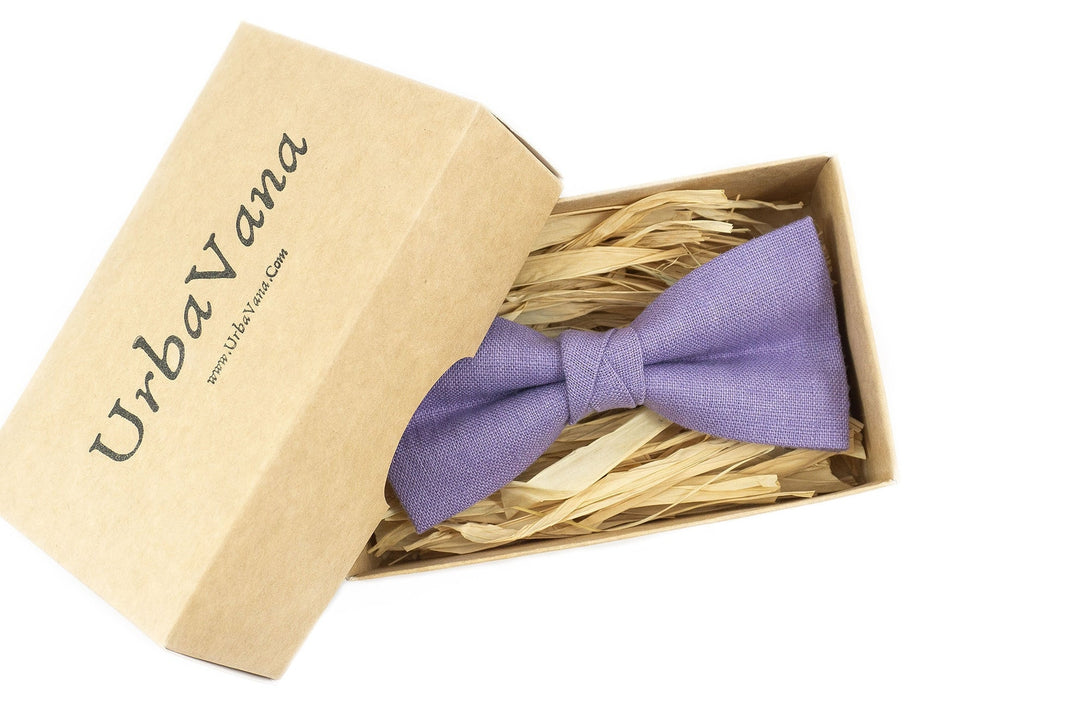 Lavender color pre-tied linen bow tie for groom or groomsmen on wedding day as unique gift from bride