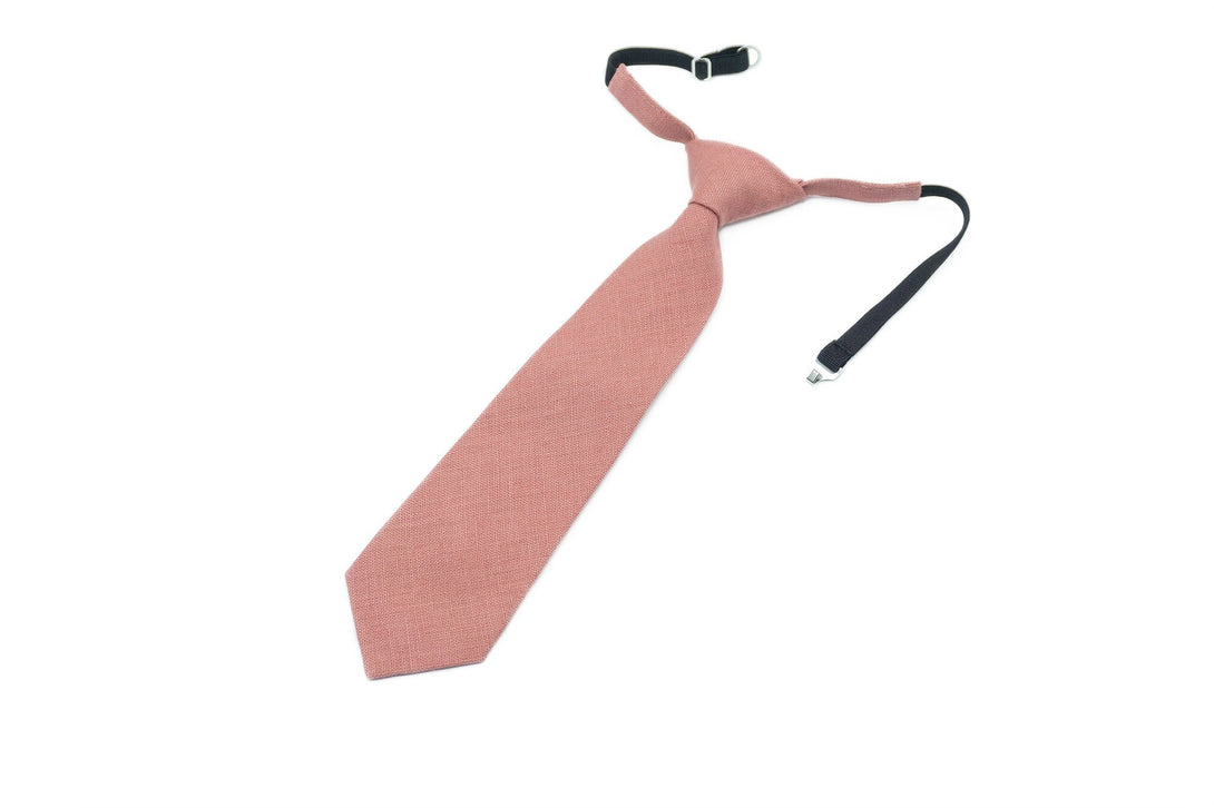 Dark Dusty Rose color Pre - Tied linen wedding necktie for men available with matching pocket square / Pre - Tied Boy's Rose necktie