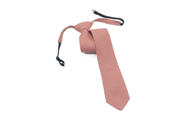 Dark Dusty Rose color Pre - Tied linen wedding necktie for men available with matching pocket square / Pre - Tied Boy's Rose necktie